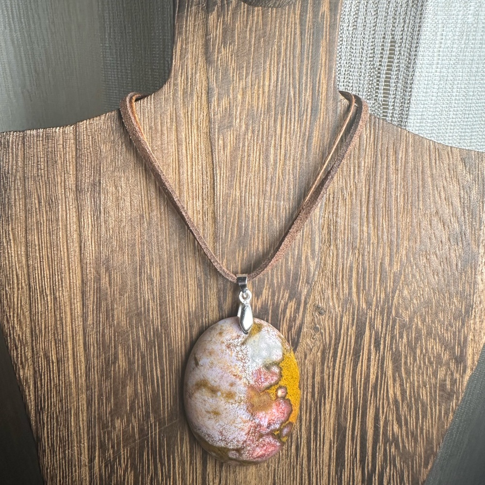 Ocean Jasper Oval Pendant Necklace on Brown Faux Suede - Picture 2 of 15
